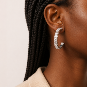 Semi Hoop Crystal Silver Earrings
